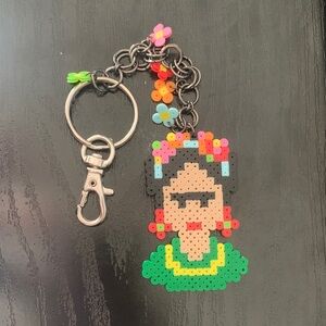 Handmade Frida Carlo Inspired Colorful Perler Beaded Keychain w/ Floral Accents
